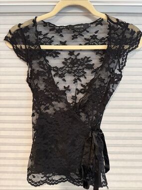ArdenB. Black Floral Lace Wrap Top
